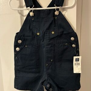GAP Navy Short Overalls with Yellow Accent Stitching